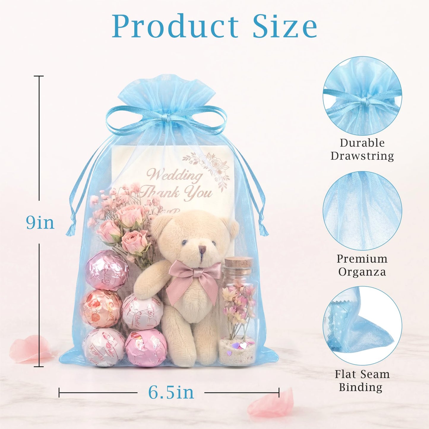 FUNFERY 100 PCS Organza Bags 6x9 in, Baby Blue Mesh Gift Bags with Drawstring, Bulk Clear Gift Bag for Wedding Party Favors Treats, Large Mesh Goodies Bag for Baby Shower, Drawstring Pouch for Jewelry