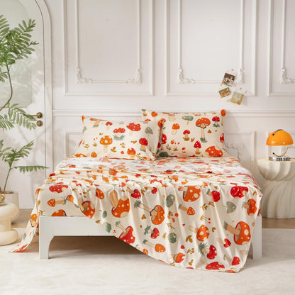 SDY 4 Pieces Mushroom Sheet Set Full Size,Cute Sheets with Mushrooms for Boys, Girls, Kids and Toddler,Bed in A Bag Packaged with 1 FittedSheet+ 1 Top FlatSheet + 2 Pillowcases