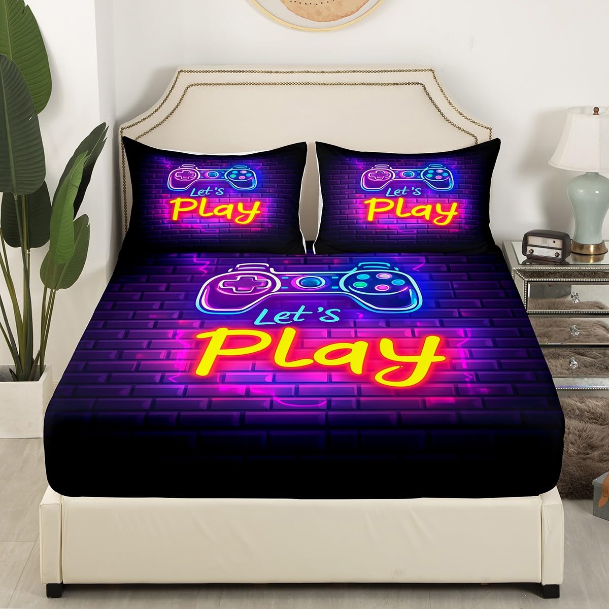 Gaming Gamer Bedding Sets Video Game Fitted Sheet for Boys Girls, Abstract Neon Style Gamepad Bed Sheets Geometric Brick Wall Design Bedding Decor Set Youth Man, Bedroom Decorations Twin Size