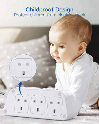 Extension Lead with USB Slots，6 Way Outlets 5 USB(5A, 1 USB- C and 4 USB-A Port) with 1.6M Braided Extension cord, 3250W Overload Protection，Security Surge Protection Plug Extension Socket