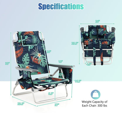GYMAX Beach Chairs, Backpack Camping Chair with Armrest, Cooler Bag, Cup Holder, Towel Bar & Side Pockets, Sunbath Sling Tanning Lounge, Folding Layout Chair (Without Table, Flower)