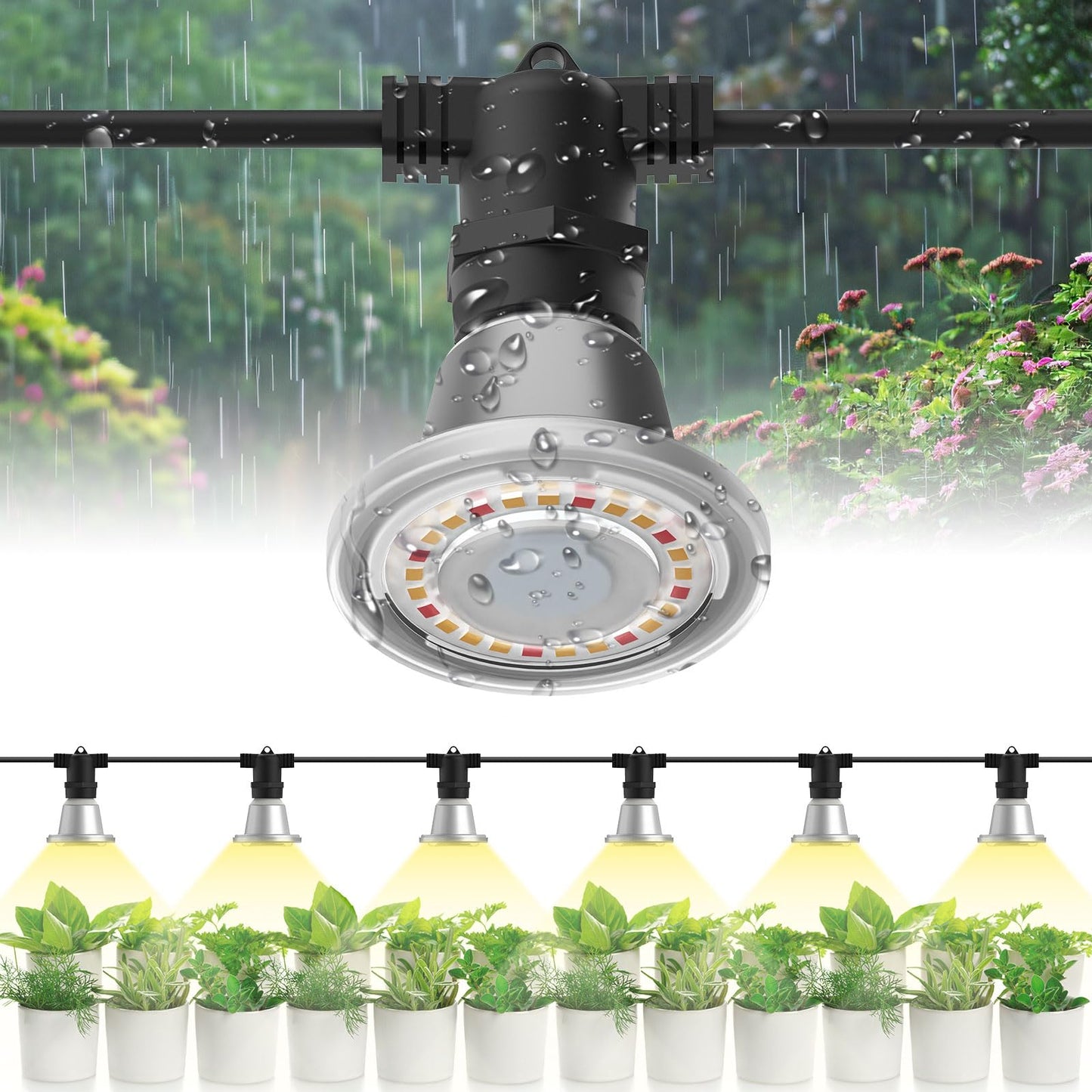 SANSI Hanging Grow Light String for Indoor Outdoor Plants, 6 LED Grow Light Bulbs 72W with Optical Lens for High PPFD, IP65 Waterproof Plant Grow Lamp for Greenhouse Garden (Upgraded)