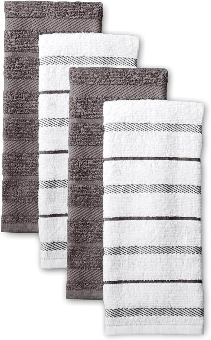 KitchenAid Albany Kitchen Towel 4-Pack Set, Charcoal Grey/White