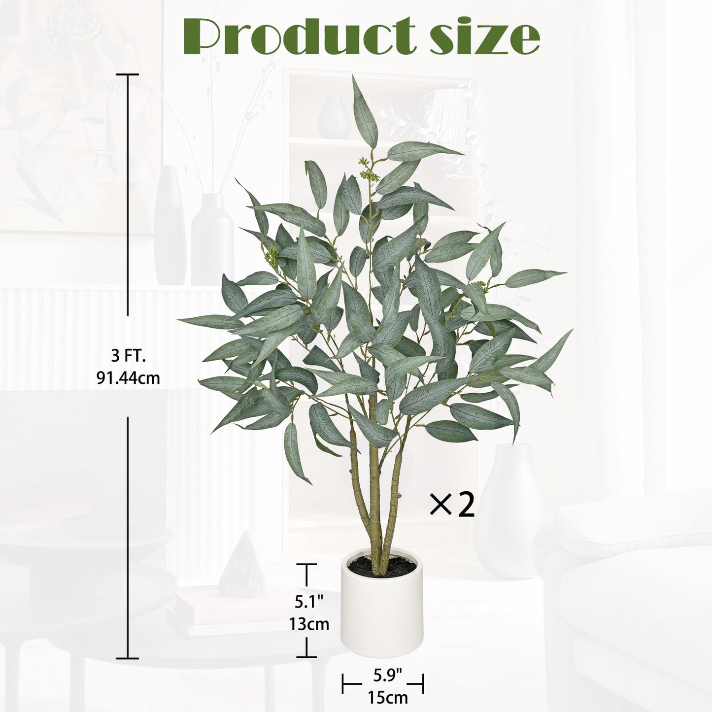 2 Packs Artificial Eucalyptus Tree in White Pot – 3FT Faux Indoor Plant for Home Décor, Modern Greenery for Living Room, Bedroom, Office – Realistic Silk Leaves, Minimalist Planter