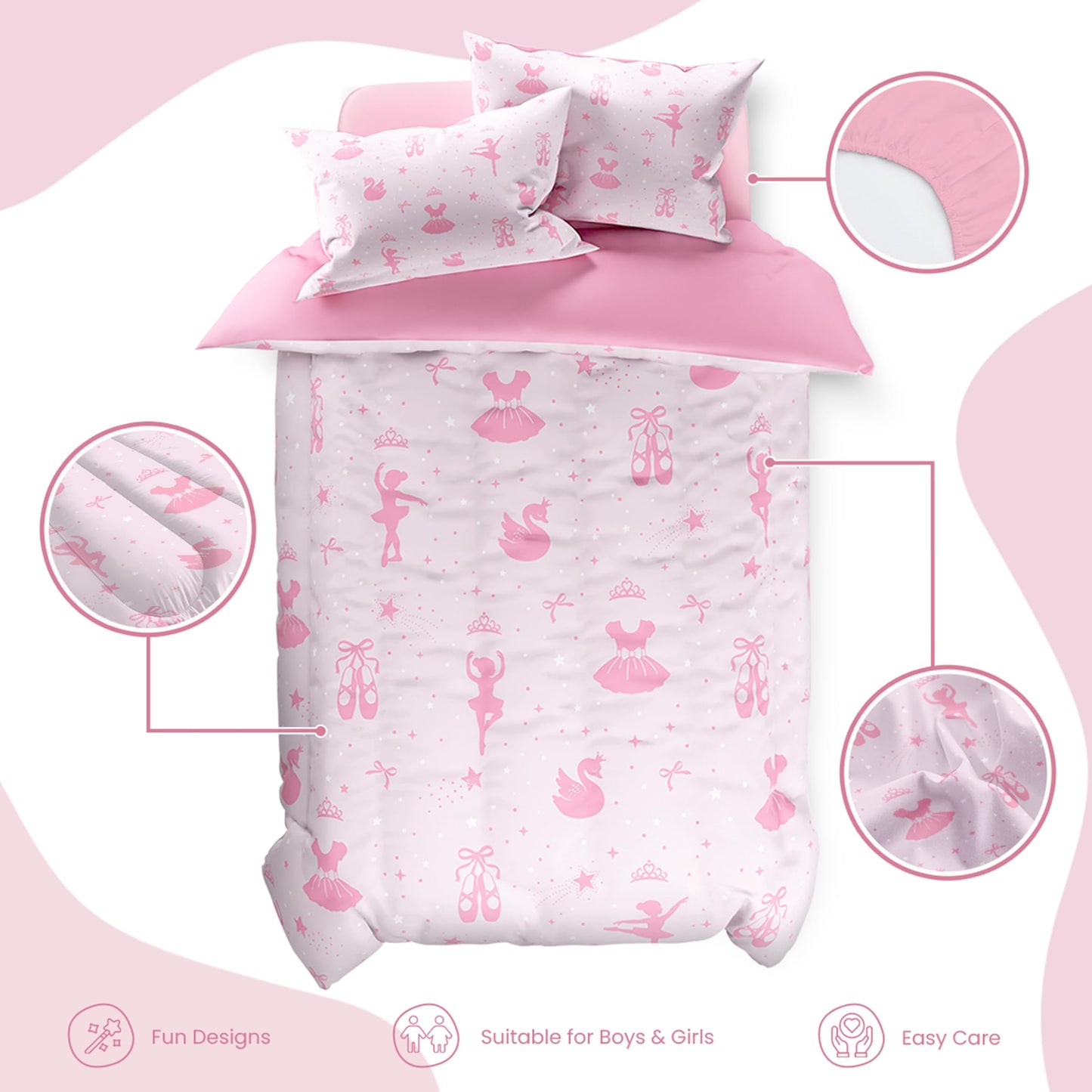 SANDJEST Ballerina Comforter Set Twin Size 68x86in for Kids Girls, Microfiber 3 Pcs Bedding Set Includes 1 Comforter, 1 Pillowcase, 1 Fitted Sheet, Nursery Room Decor