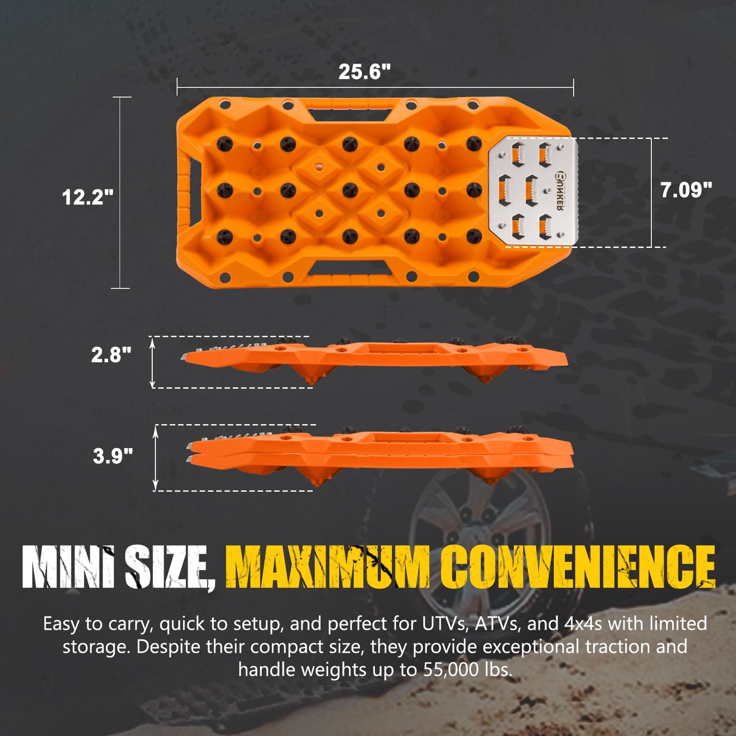 BUNKER INDUST Offroad Traction Boards with Jack Base, Pair Portable Recovery Track Tire Traction Mat - Orange Sand,Mud,Snow Tracks(Replaceable Dual Colors Teeth/Rugged Steel Plate), Gen 12th