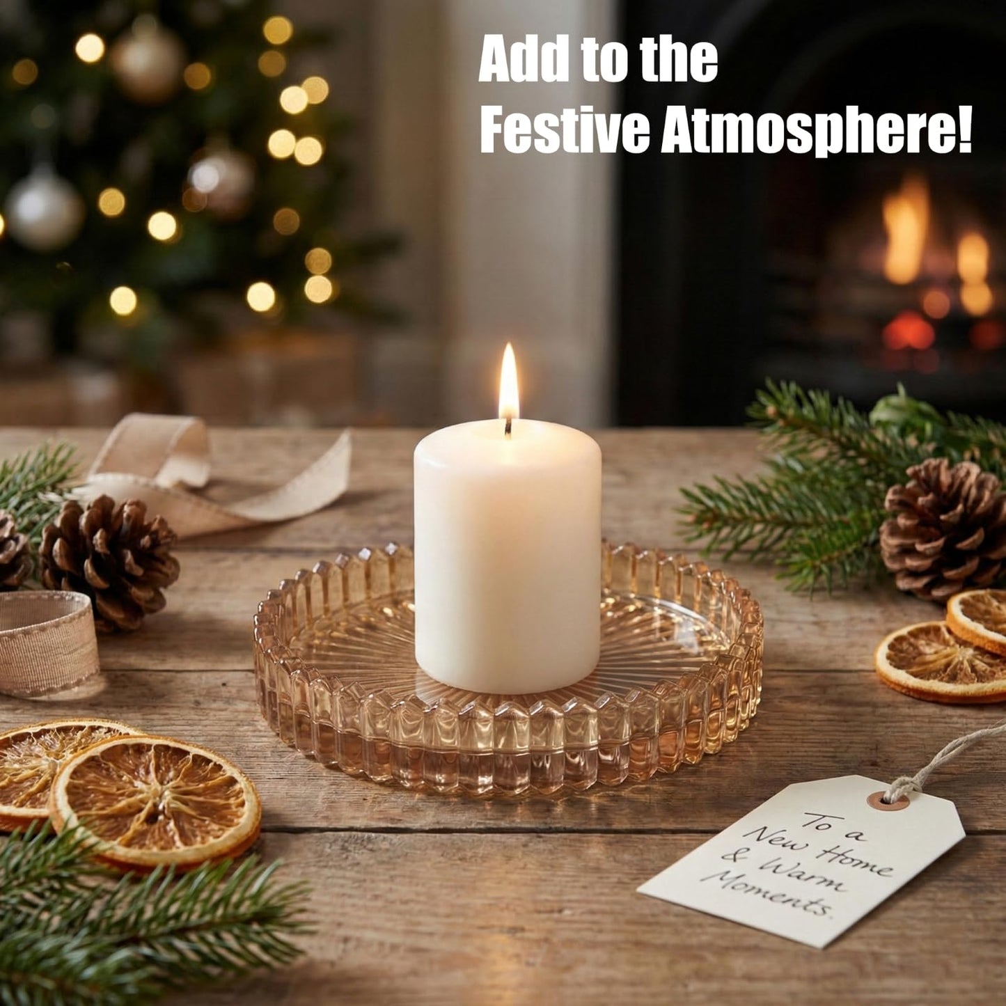 3PCS Amber Ribbed Glass Jewelry Tray, Coasters & Pillar Candle Holders