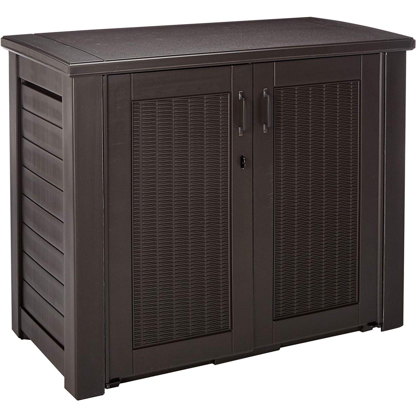 Rubbermaid Decorative Outdoor Storage Cabinet (123 Gal) Weather Resistant Dark Brown Organization for Home/Backyard/Pool Chemicals/Toys/Garden Tools/Porch/Patio Cushions