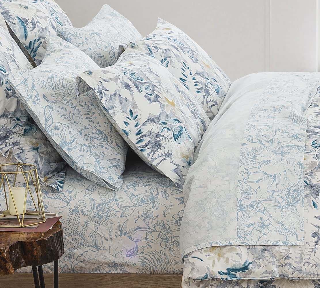 DAUAOTO Cotton Sheets Set Queen Size 4 Pieces Flower Bedding Sets, Aqua Blue Floral Pattern, Up to 14" Deep