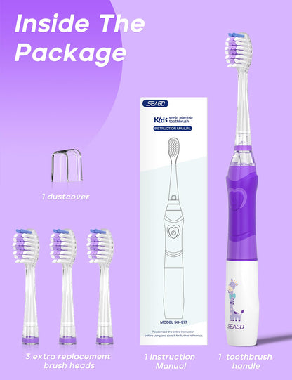 SEAGO Kids Electric Toothbrush with 2 Mins Brushing Timer and 4 Replacement Bursh Heads, Rainbow LED Light Make Brushing Fun, Boys Battery Powerd Toothbrush for 4-12 Years Old，SG-977 (Light Blue)