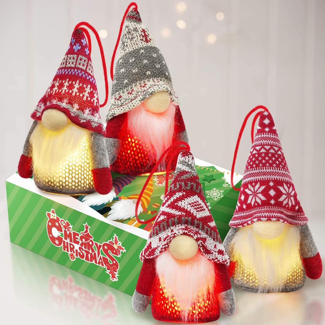 Christmas Gnome Ornaments, 4 Pack Christmas Tree Decorations Handmade Swedish Santa Gnomes Ornaments Lights Scandinavian Plush Elf Table Home Decor, Christmas Tree Hanging Decoration