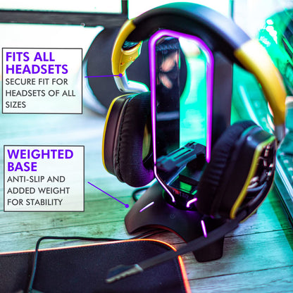 Tilted Nation Gaming Headset Stand | RGB Headphone Stand for Desk with Mouse Bungee and USB Hub (Cool and Clean Setup) Gaming Headset Holder - Perfect Gamer Gift Accessory