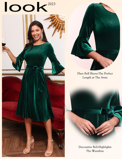 HomRain Dark Green Long Sleeve Velvet Dress Fit and Flare Bell Sleeve Fall Wedding Guest Dress Green Velvet Dress for Christmas Cocktail Party Holiday Velvet-DarkGreen L