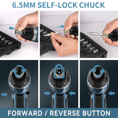 C P CHANTPOWER Cordless Electric Screwdriver Set, 6 +1 Torque Setting Rechargeable 4V Small Screwdriver with 11 Accessories, Flashlight and Charger Blue
