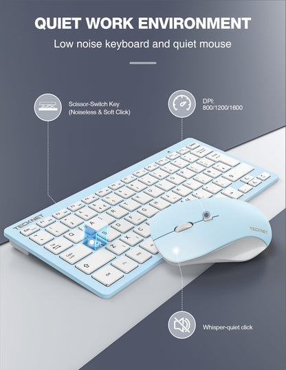 TECKNET Mini Wireless Keyboard and Mouse Set, 2.4G Cordless USB Keyboard and Silent Mouse Comb with Nano USB Receiver, 12 Multimedia Shortcuts for Computer, PC, Laptop, Desktop, Blue