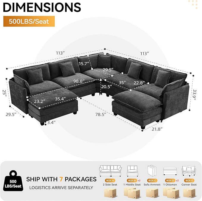 113'' V Shaped Cloud Sectional Sofa, Oversized Deep Seat Couches