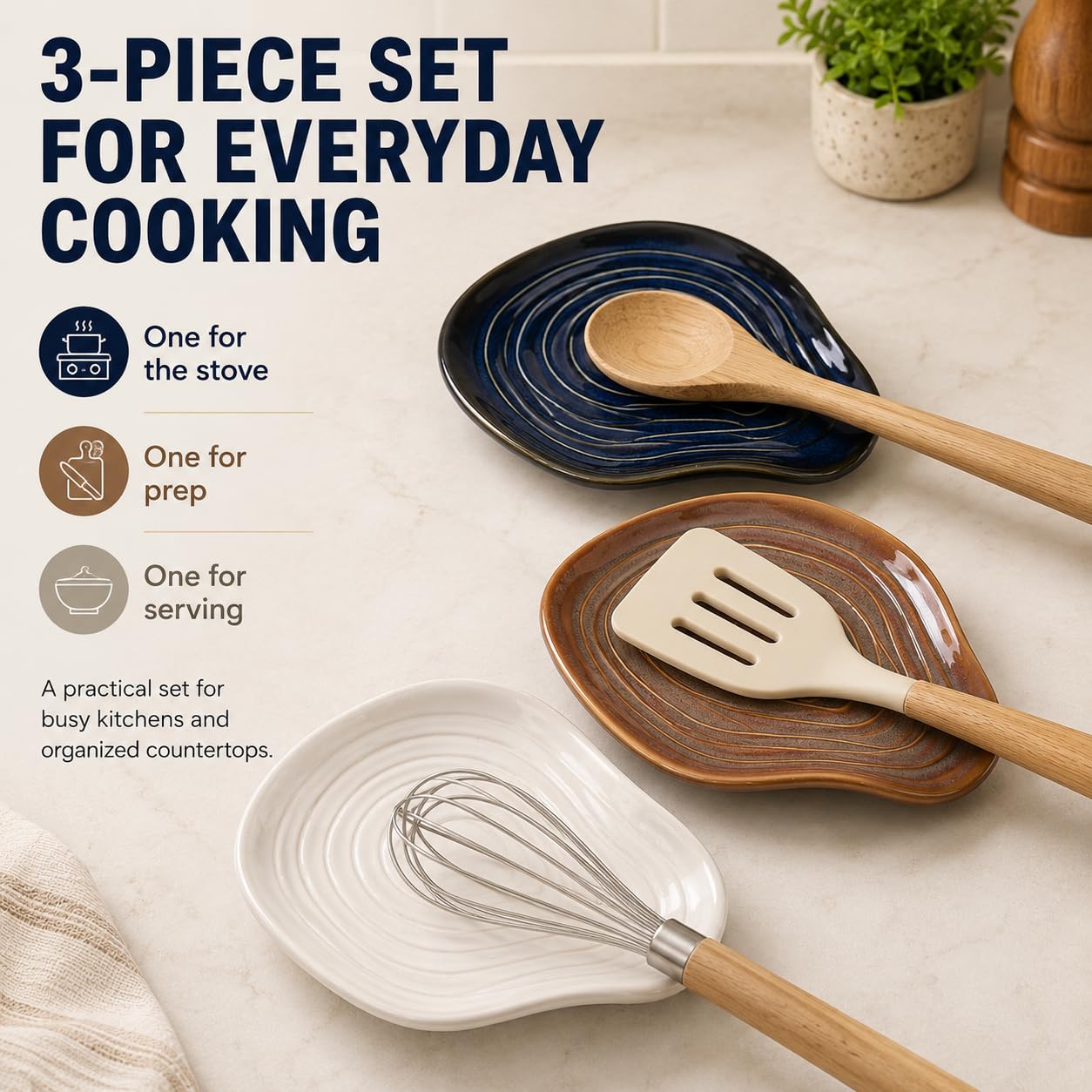 Ceramic Spoon Rests for Stove Top, 3 Pack Spoon Holder for Kitchen Counter, Utensil Rest Set for Cooking Spoons, Ladles and Spatulas, Blue White Khaki Kitchen Accessories