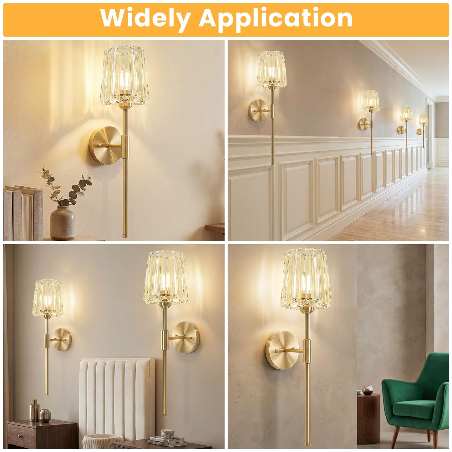 OYKYOHEI 2 Packs Crystal Battery Wall Sconces, Rechargeable Wireless Clear Lights, 12 Color Changing & 3CCT Dimmable, Gold Metal Finish Clear Glass Wall Lamps for Bathroom Dining Room Bedroom Accent