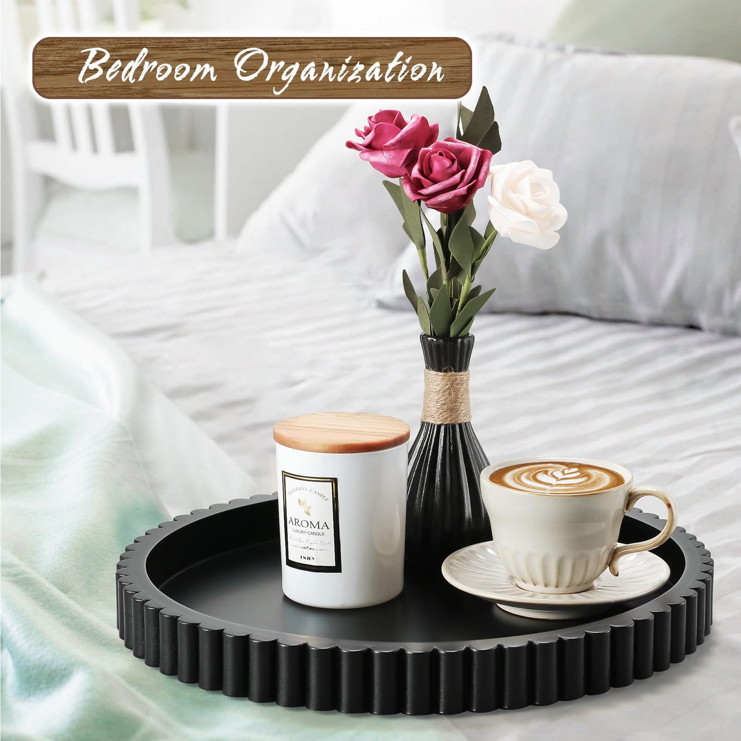 Handmade 12in Decorative Tray for Coffee Table Tray Decor, Black Wooden Decorative Round Tray for Kitchen, Living Room, Home Decor