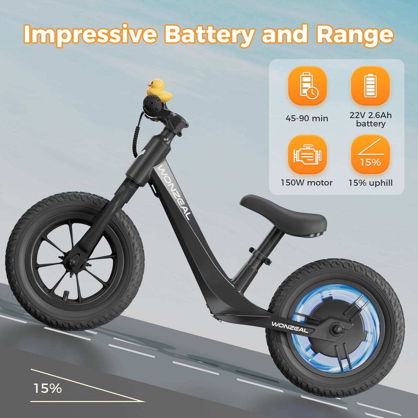 wonzeal Electric Balance Bike for Kids Ages 3-5,150W Toddler Balance Bikes with 12 inch Pneumatic Tire, Adjustable Seat, Knee/Wrist/Elbow/pad,Boy Girls Birthday Toys.