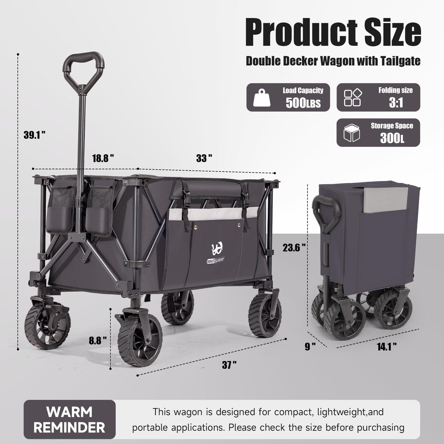 Whitsunday Folding Collapsible Utility Wagon, 400Lbs Heavy Duty Outdoor Park Beach Wagon with Table and Side Pocket for Garden Camping Sports Shopping Grey