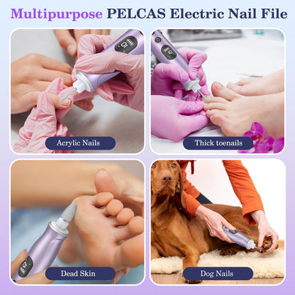 PELCAS Electric Nail Grinder, 10 Speeds Cordless Nail Drill with LED Light, Portable Manicure and Pedicure Kit, Nail File with LCD Screen for Human, Pet, Thick Toenails, Natural & Acrylic Nails Grey