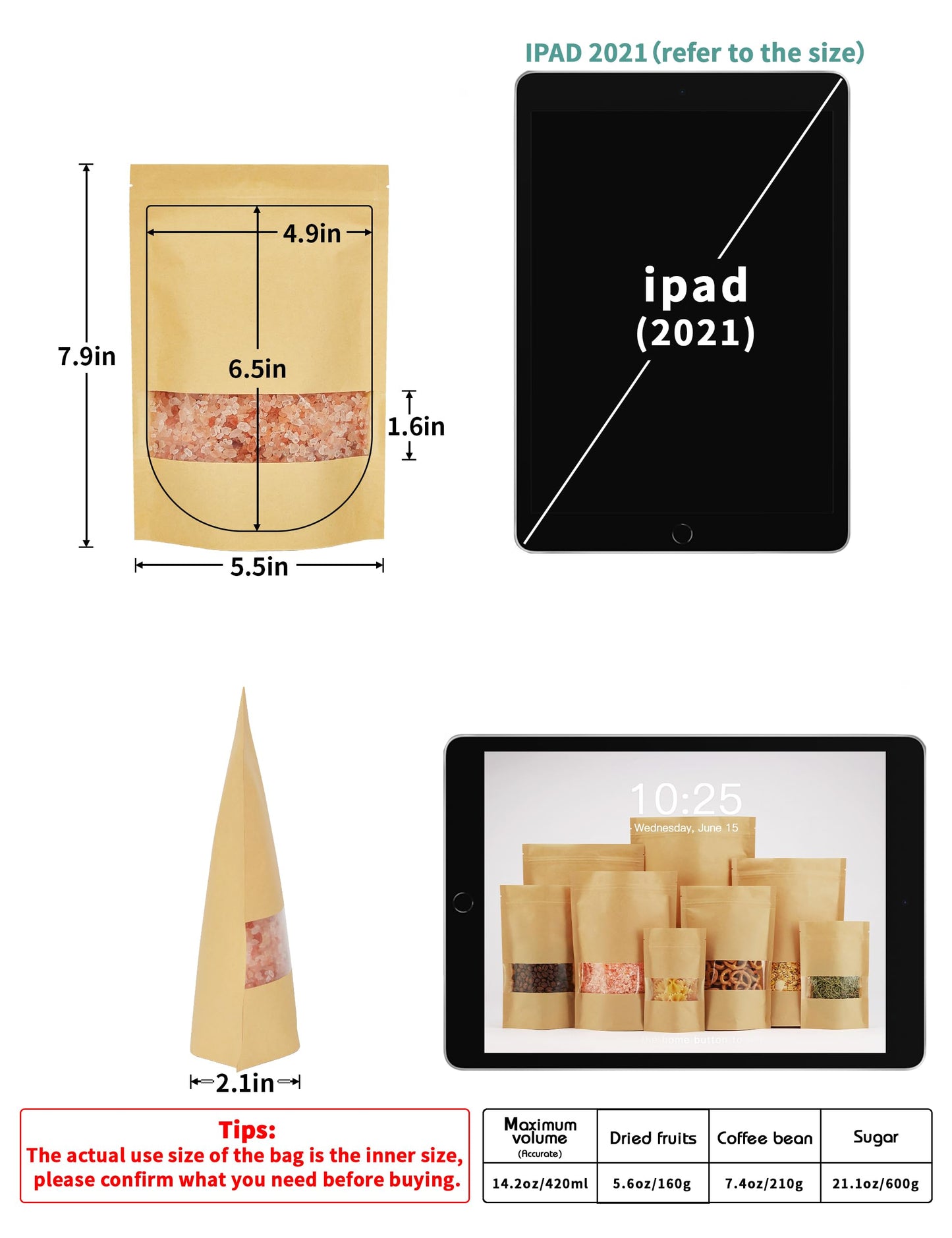 FireKylin 100 Pcs Brown Paper Bags with Window, 7.9" x 11.8" Stand Up Pouches Bags, Zipper Food Storage Bags for Packaging Products, Reusable, Sealable