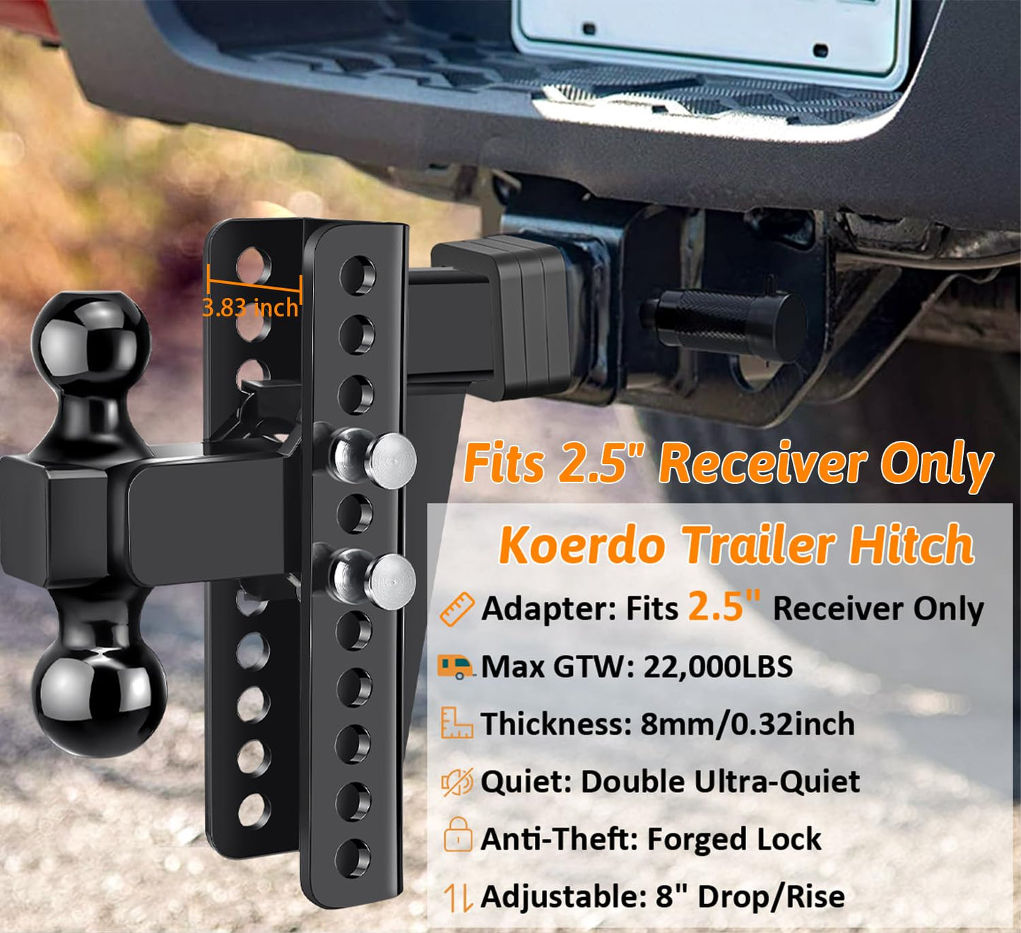 Adjustable Trailer Hitch -Drop Hitch-Tow Hitch FITS 2.5 inch Receiver-8inch Drop/Rise, 2" & 2-5/16" Ball Hitches for Trucks, 22,000 LBS GTW, Trailer Hitches with Anti-Theft Pin, Black