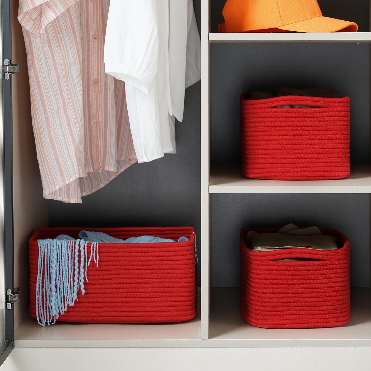 Maxuni 3-Pack Small Storage Baskets for Organizing | Woven Shelf Toy Basket | Rope Baskets for Gifts Empty | Closet Organizer Bins with Handles | Cube Decorative Box | 11.8×7.8×5.1” | Christmas Red