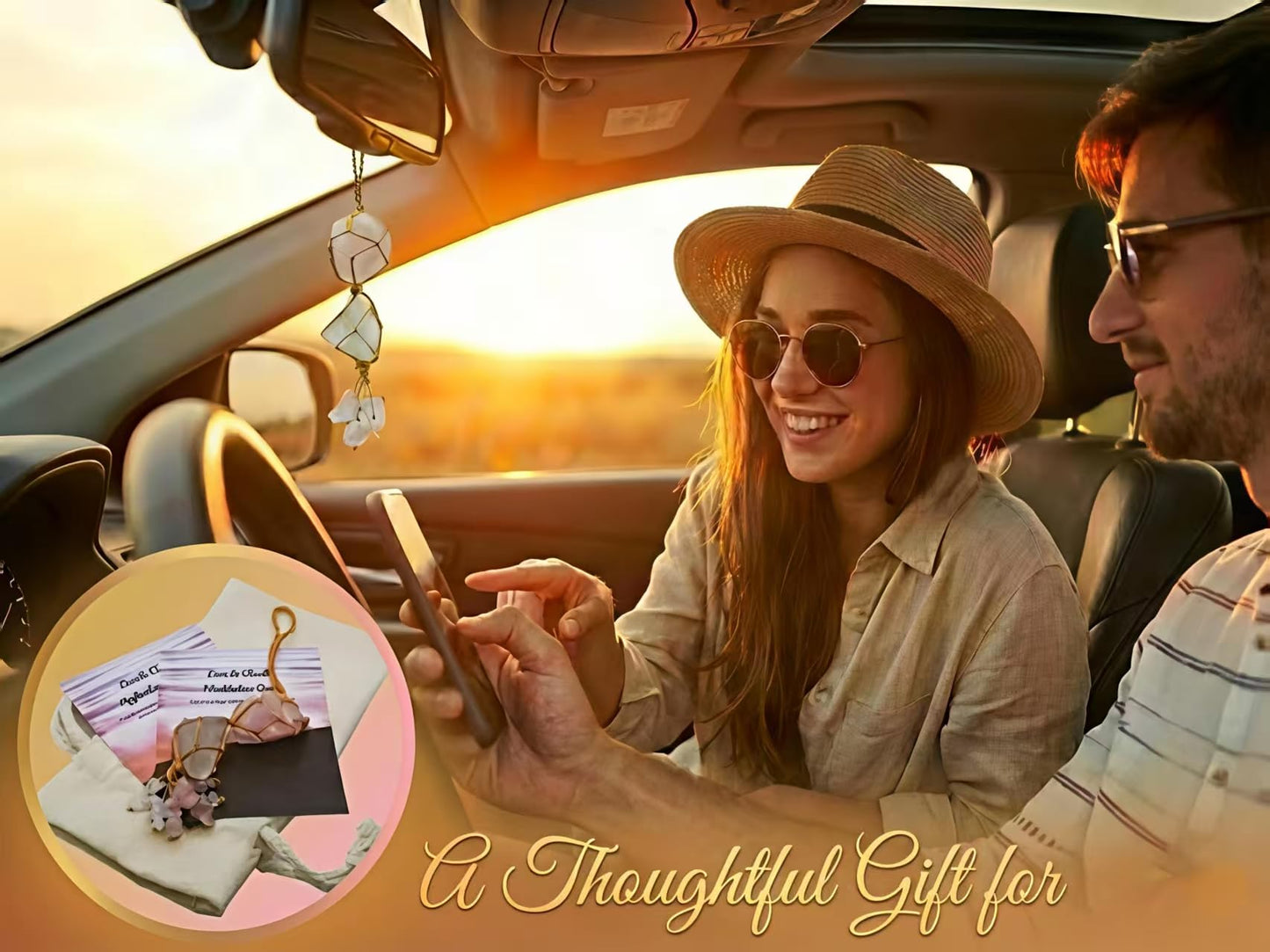 Raw Rose Quartz Car Diffuser Hanging Ornament | Natural Crystal Aromatherapy Charm for Rear View Mirror, Boho Essential Oil Diffuser for Yoga & Home Decor, Spiritual Gift Set for Women