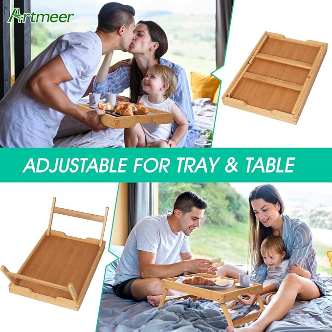 Artmeer Bed Tray Table with Folding Legs, Bamboo Breakfast in Bed