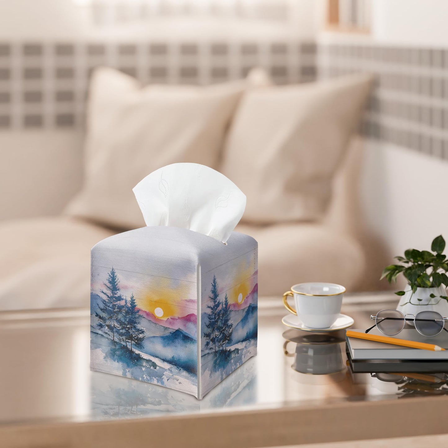 Winter Pine Tree Tissue Box Holder, Winter Forest Landscape Leather Tissue Box Cover Square, Paper Facial Decorative Tissues Cover for Night Stands Bathroom Kitchen Office Home Decor-B22