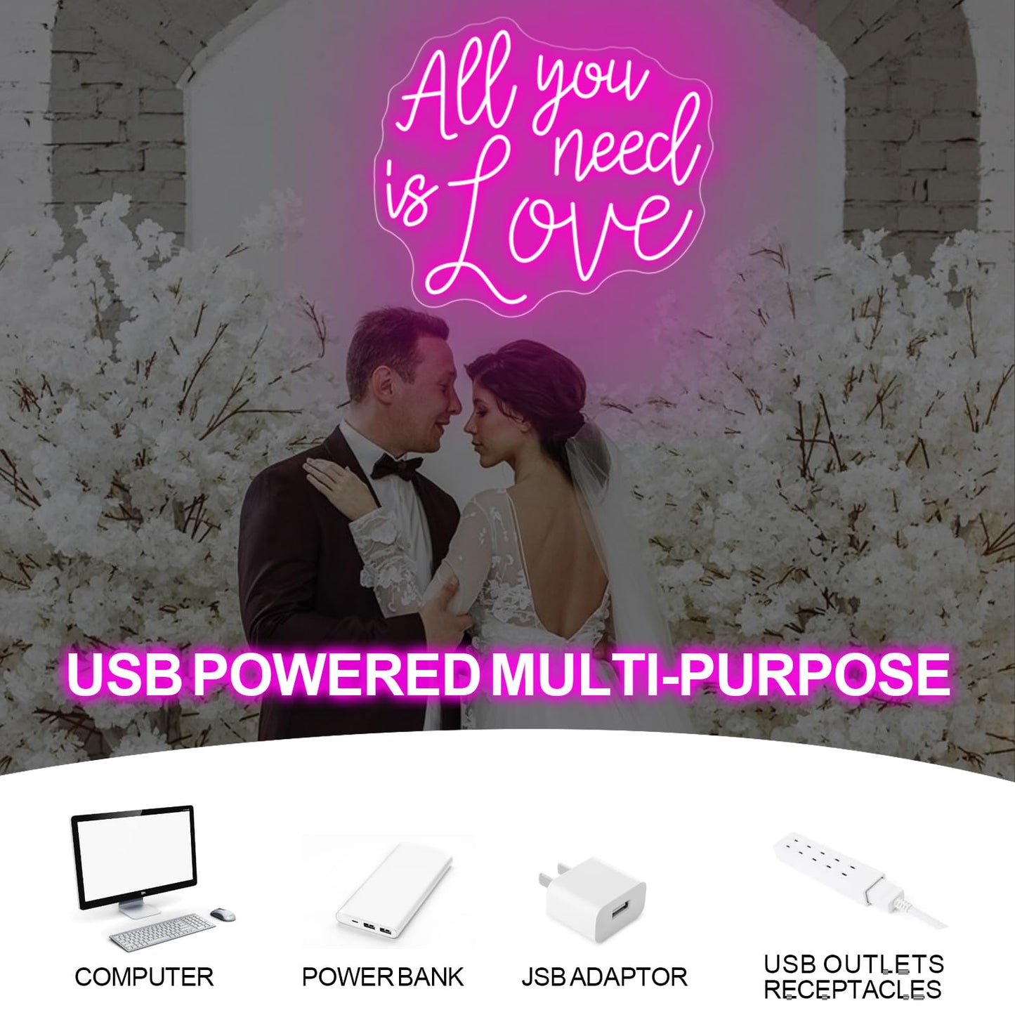 All You Need Is Love Neon Sign, Wedding LED Neon Light, Wedding Party Backdrop Wall Decor Valentine's Day Personalized Gift, Couple Room Light, Bar Home Lamp Party Dorm Living Room-Pink-14"x12"