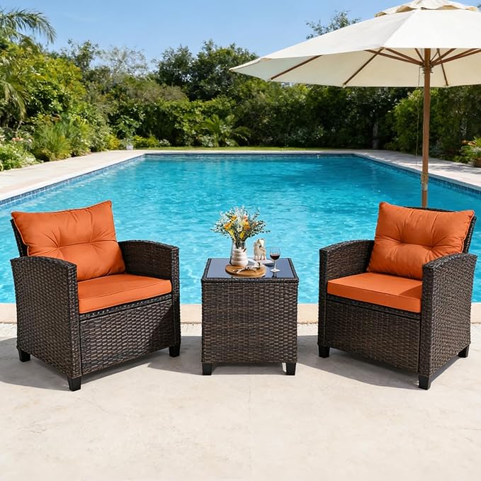 COSTWAY 3PCS Patio Furniture Set, PE Rattan Wicker Sofa w/Washable Cushion and