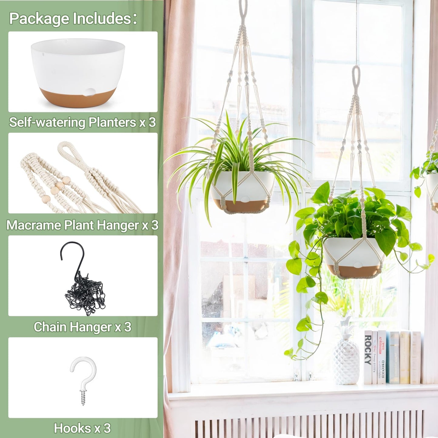 Mkono Set of 3-10 Inch Hanging Planters for Indoor Plants with Self Watering, Outdoor Hanging Plant Pot with Macrame Plant Hangers, 2 Kinds Hanging Basket for Garden Home Ceiling Window Decor