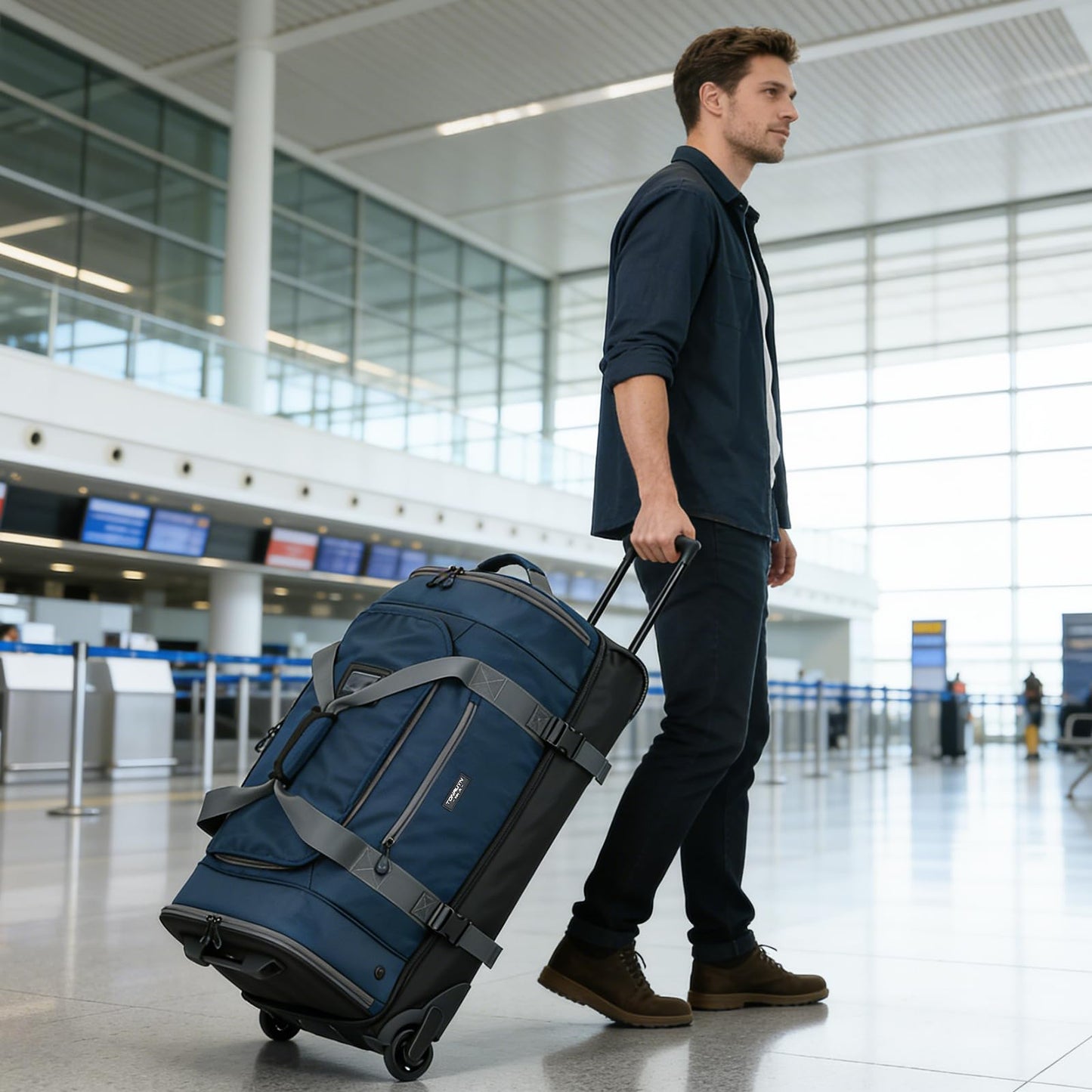 TONRUYN 100L Large Rolling Duffle Bag with Wheels and Handle, 29inch 2-Wheeled Travel Duffel Luggage with Rollers, Rolling Gym Bag with Shoe Compartment & Wet Pocket, Double-layer Space, Blue