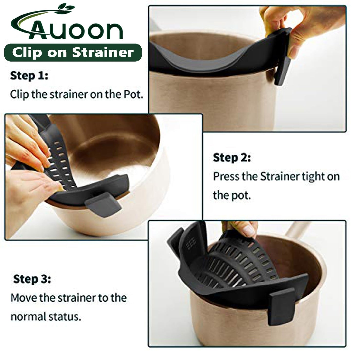 AUOON Clip On Strainer Silicone for All Pots and Pans, Pasta Strainer Clip on Food Strainer for Meat Vegetables Fruit Silicone Kitchen Colander