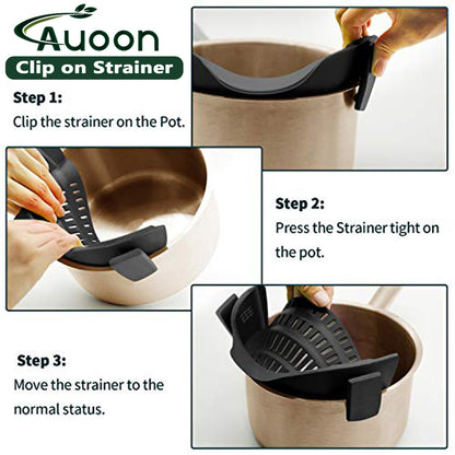 AUOON Clip On Strainer Silicone for All Pots and Pans, Pasta Strainer Clip on Food Strainer for Meat Vegetables Fruit Silicone Kitchen Colander