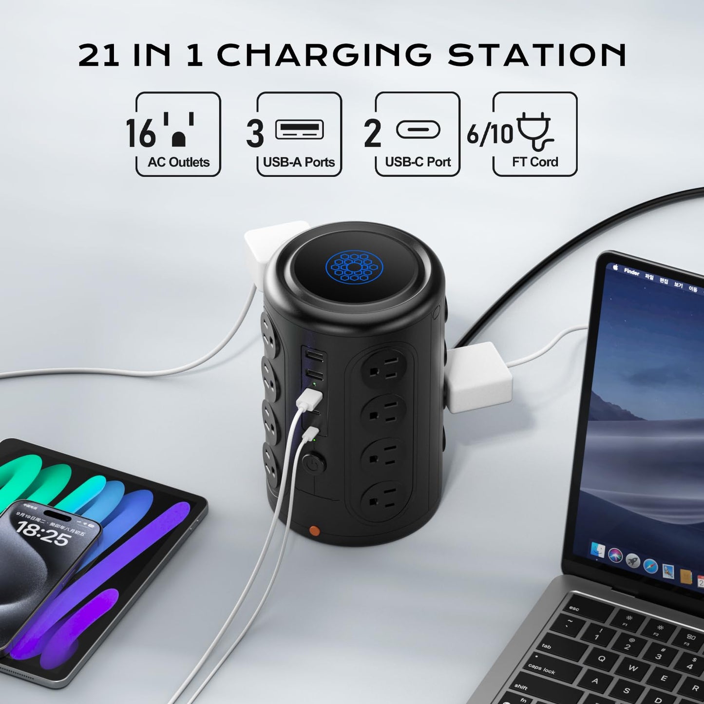 Surge Protector Power Strip 10 FT Cord, TenTrend Vertical Power Tower with 16 Outlets and 5 USB Ports (2 USB-C), 1875W 2000J Charging Station for Home Office Desk, Dorm Room Essentials, Black
