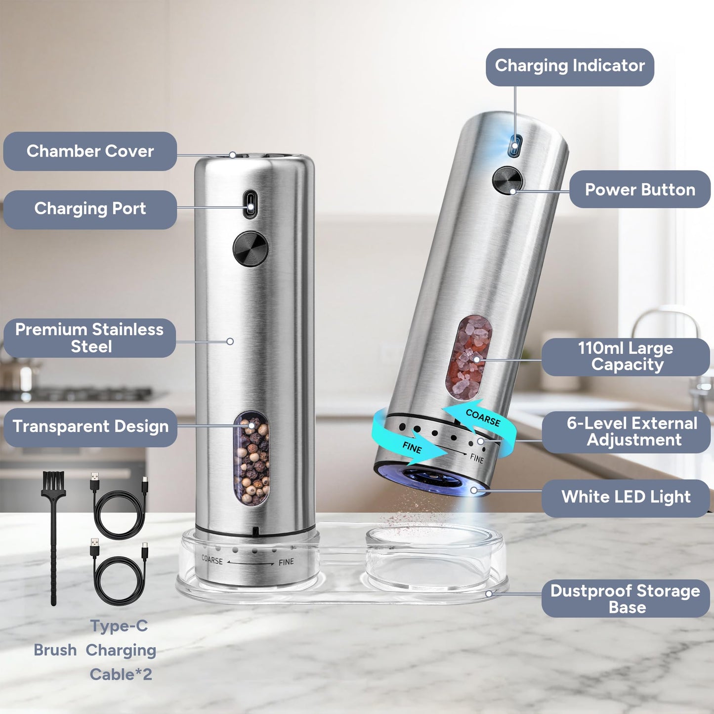 Rechargeable Electric Salt and Pepper Grinder Set with 6 Adjustable Coarseness, Large Capacity, LED Light, Stainless Steel Automatic Pepper Mill - BBQ Accessories, Cooking Gift for Dad, Men Women