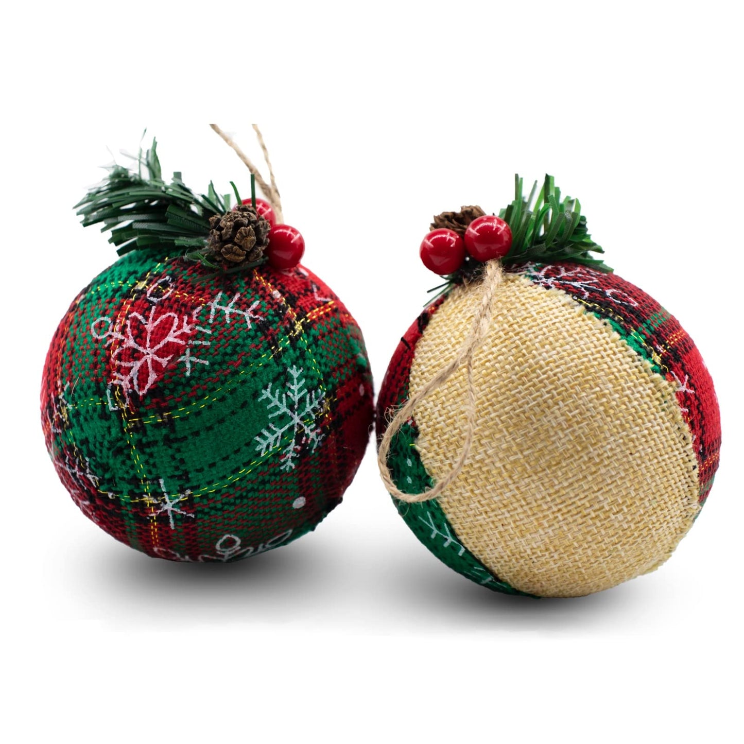 12 Pcs Burlap Christmas Ball Ornaments, 3.15 Inches Rustic Buffalo Plaid Christmas Tree Ornaments, Natural Jute Farmhouse Decorations for Xmas Tree, Holiday, Party