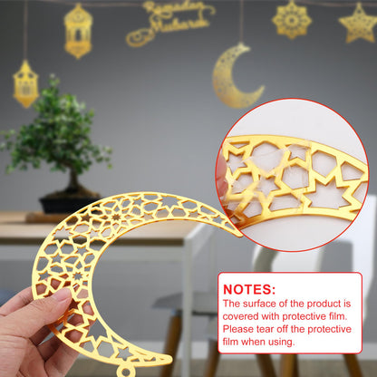 6pcs Ramadan Ornaments, Acrylic Ramadan Kareem Decoration Eid Mubarak Pendant Wind Light Moon Star Shaped Ramadan Decor for Hanging on Walls Windows Trees (Golden)