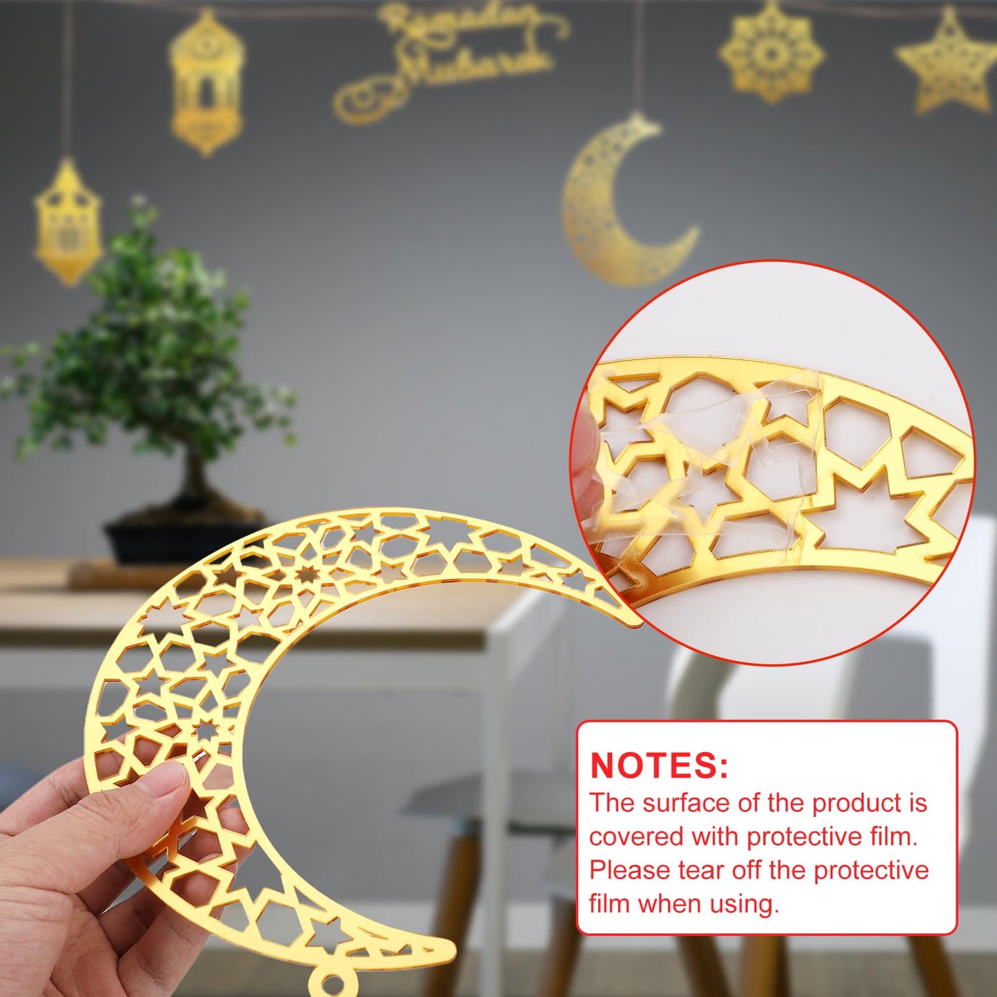 6pcs Ramadan Ornaments, Acrylic Ramadan Kareem Decoration Eid Mubarak Pendant Wind Light Moon Star Shaped Ramadan Decor for Hanging on Walls Windows Trees (Golden)
