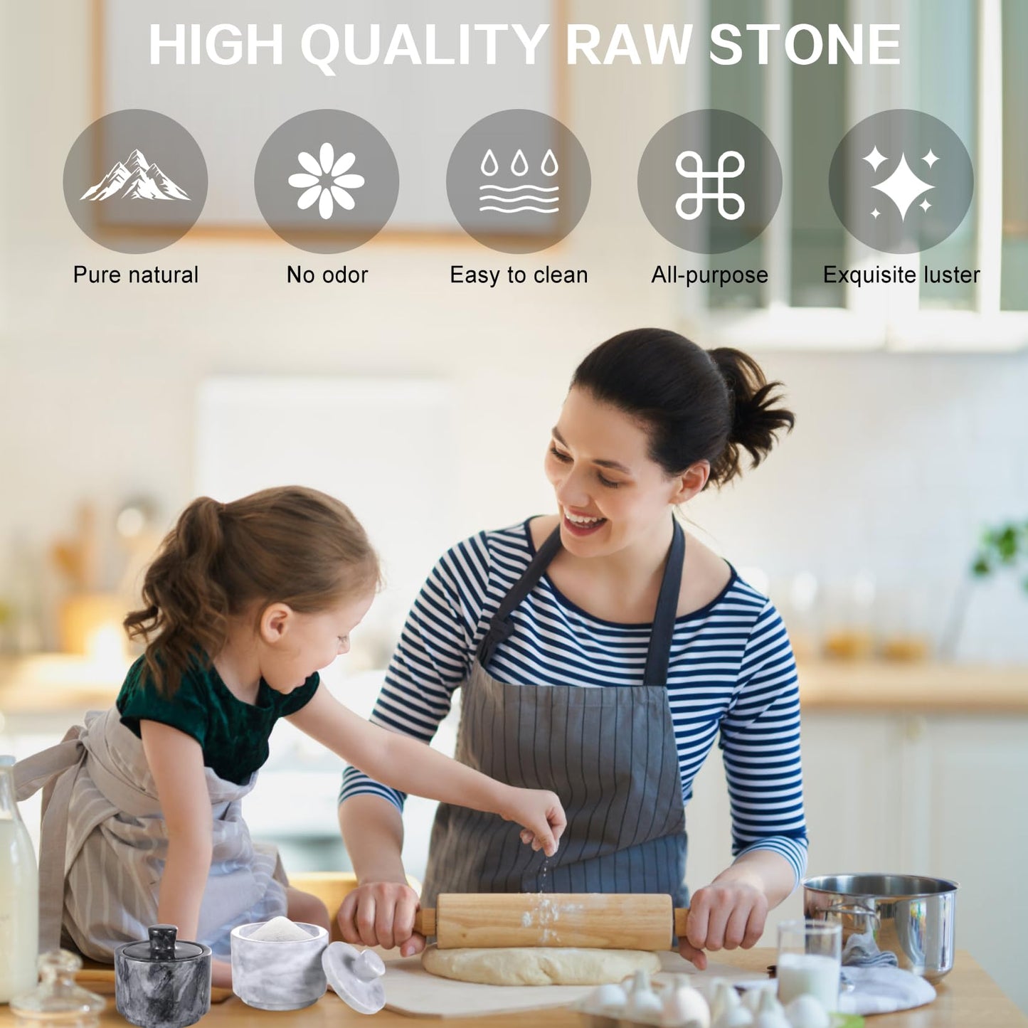 RingsTown 2PCS Natural Marble salt holder with lid, 3.2 in, Unique Veining, Airtight Seal for Salt & Pepper, Ideal for Spice Racks & Countertops(Black & White)