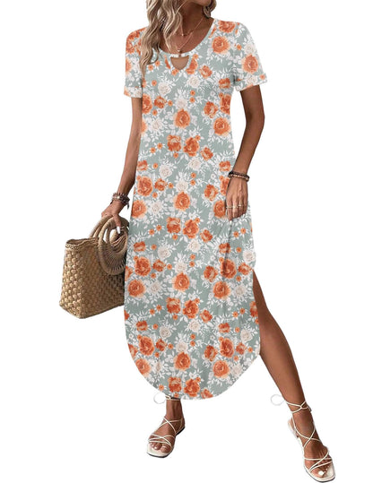 Zeagoo Womens Maxi Summer Dress with Pockets Casual Short Sleeve Sundress Trendy 2025 Curve Hem Long Dresss