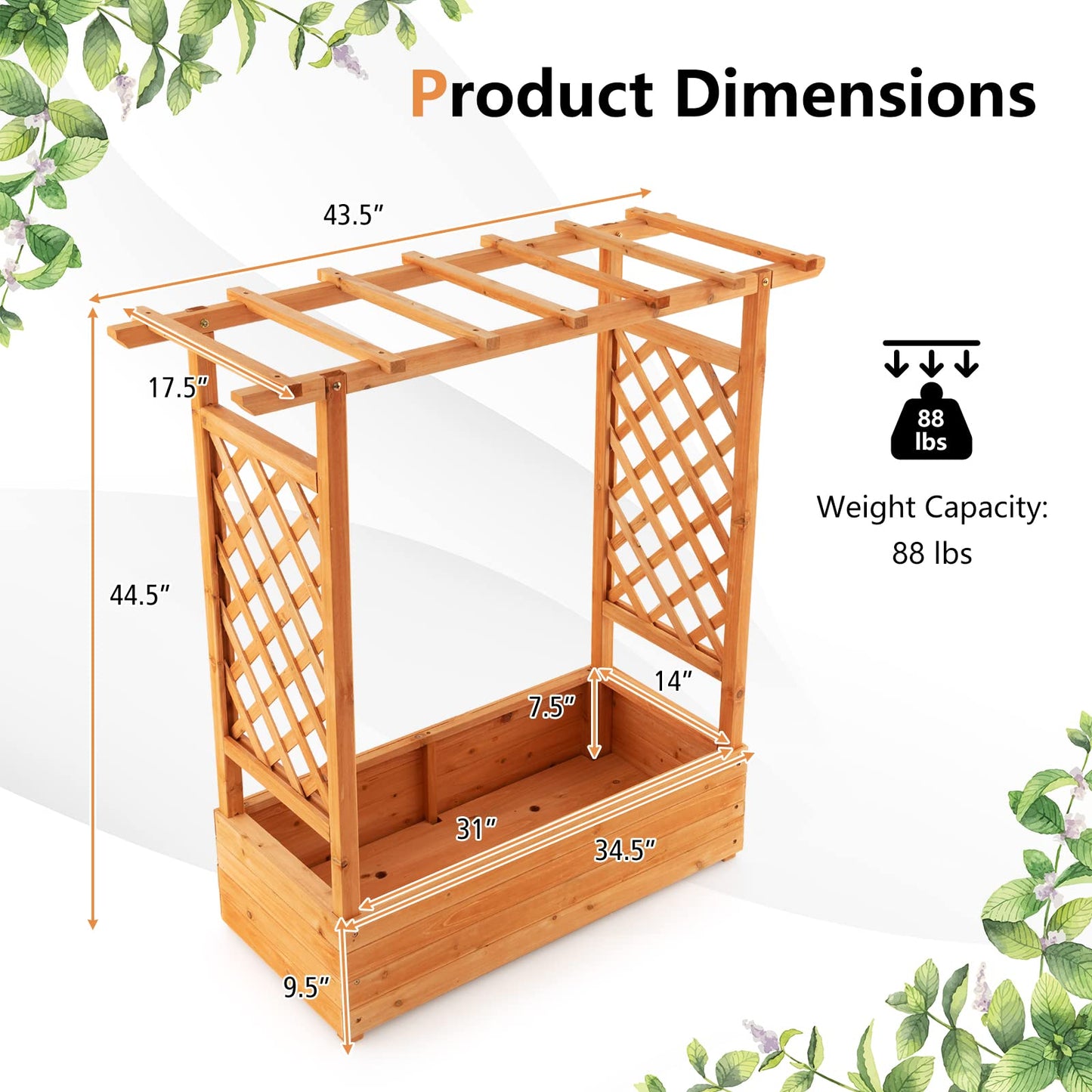 S AFSTAR Raised Garden Bed with Arch Trellis, Wood Planter Box with Hanging Roof, Side Trellis, 4 Drainage Holes, Above Ground Elevated Garden Bed for Outdoor Climbing Plants Vines Patio