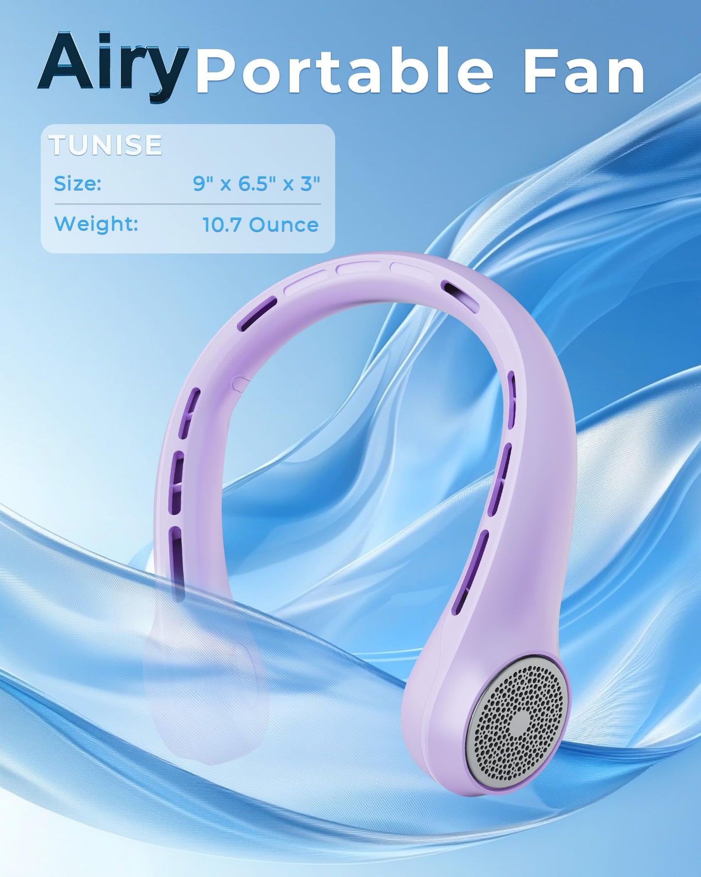 TUNISE Neck Fan, Portable Neck Fan with LED Display, 360° Cooling, 3-Speed Adjustment & Whisper-Quiet Operation, Twistable, Rechargeable, Gift for Women Men,Travel Essential,Light Purple