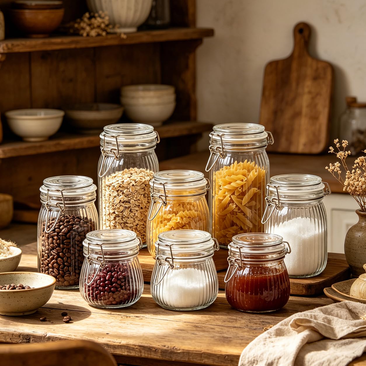 ComSaf 6-Pack 17oz Ribbed Glass Storage Jars with Airtight Clamp Lids, Decorative Wide Mouth Pint Canisters for Jam, Spices, Nuts, Coffee Beans, Snacks, Honey - Kitchen Pantry and Drawer Organization