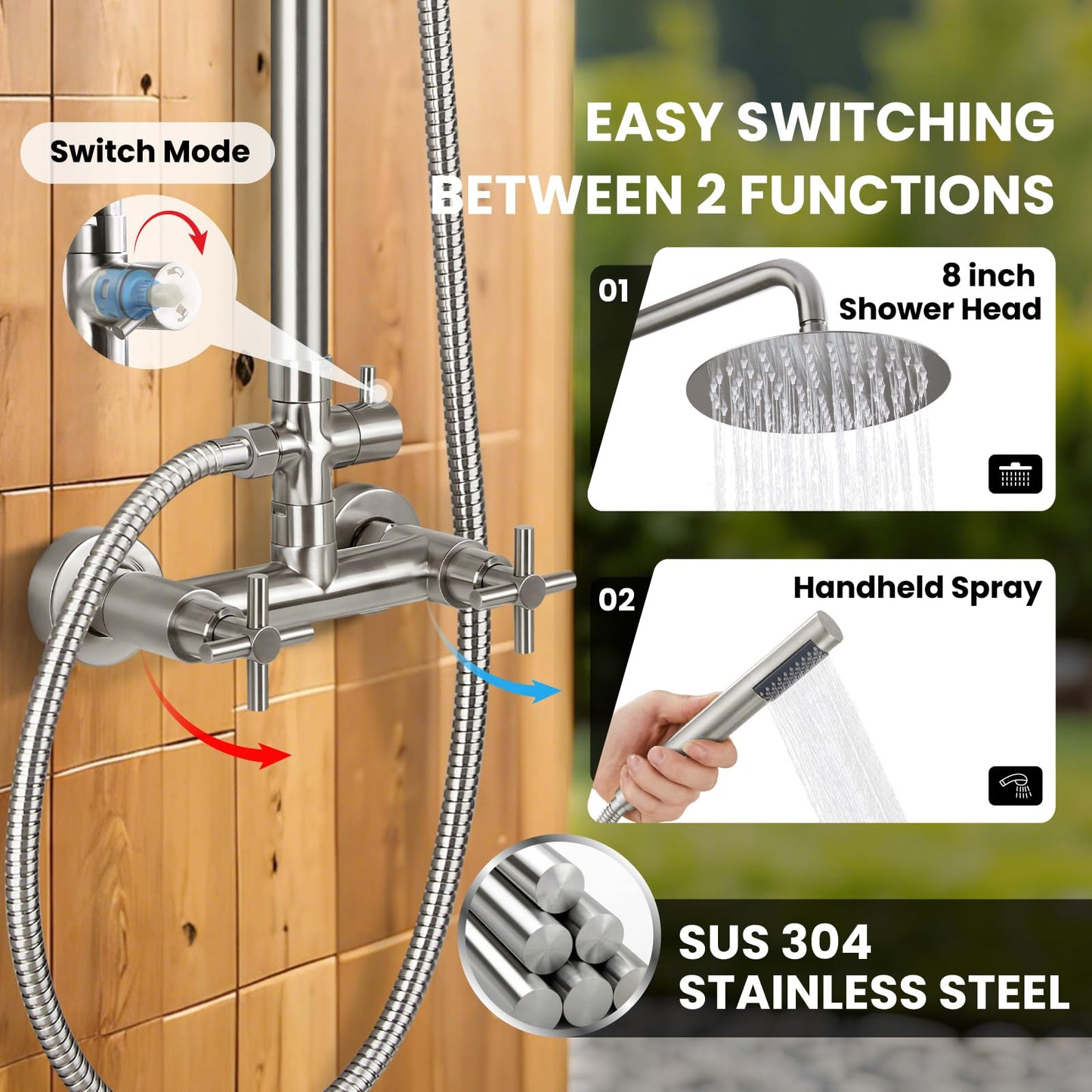 gotonovo Outdoor Shower Fixtures SUS304 Stainless Steel Rain Shower Kit Faucet High Pressure Wall Mount 2 Dual Function 8 Inch Showerhead and Handheld Spray Combo, Double Cross Handle, Brushed Nickel