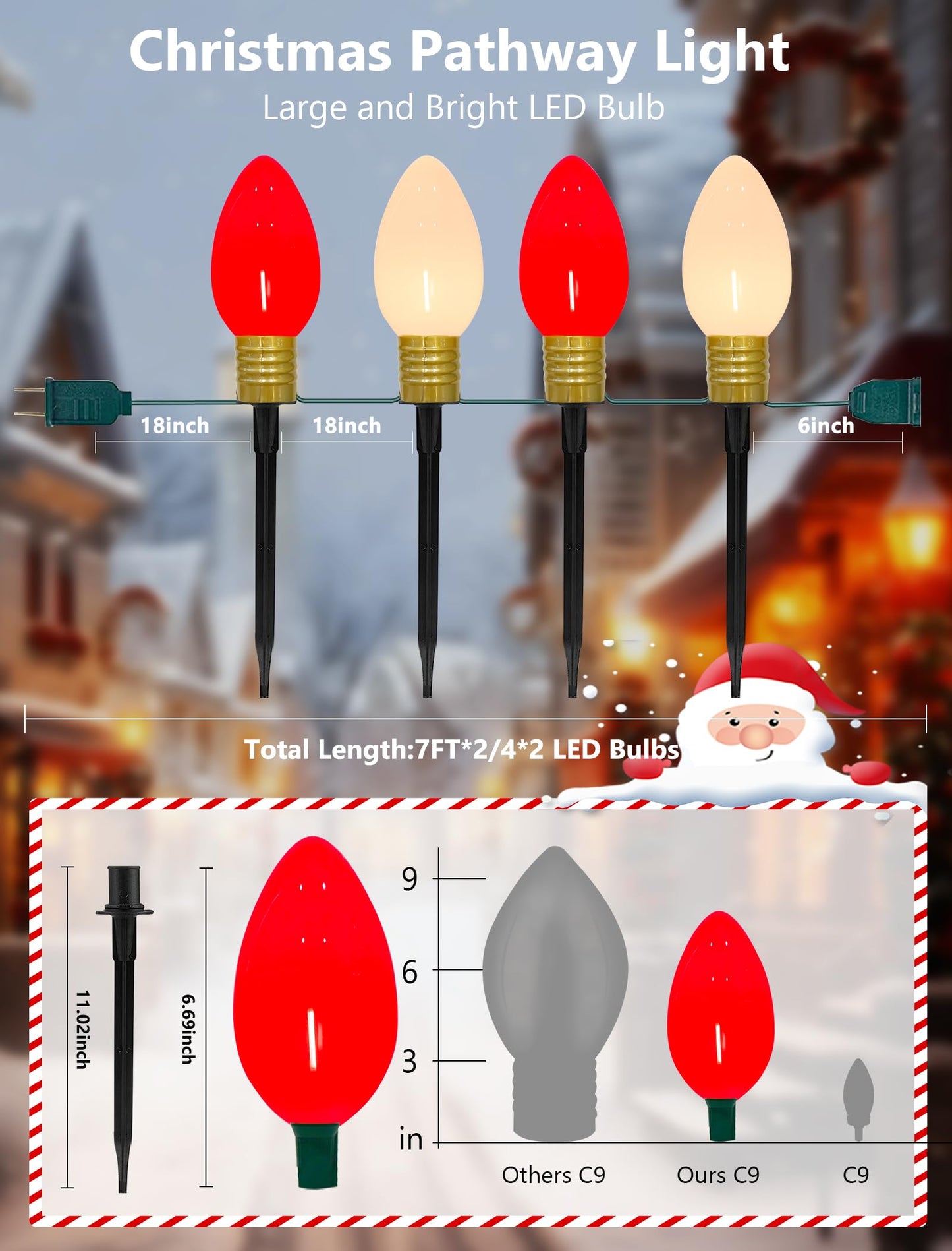 2 Pack Jumbo C9 Christmas Pathway Lights, 14FT Red & White LED Outdoor Path Lights, Waterproof Connectable Giant C9 Pathway Markers for Yard, Garden, Walkway, Christmas Decorations